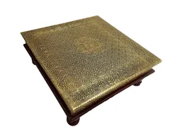 Wooden Bajot Chowki with Brass Sheet Cover: Vintage Low Table Stool, 9 inches (10757)