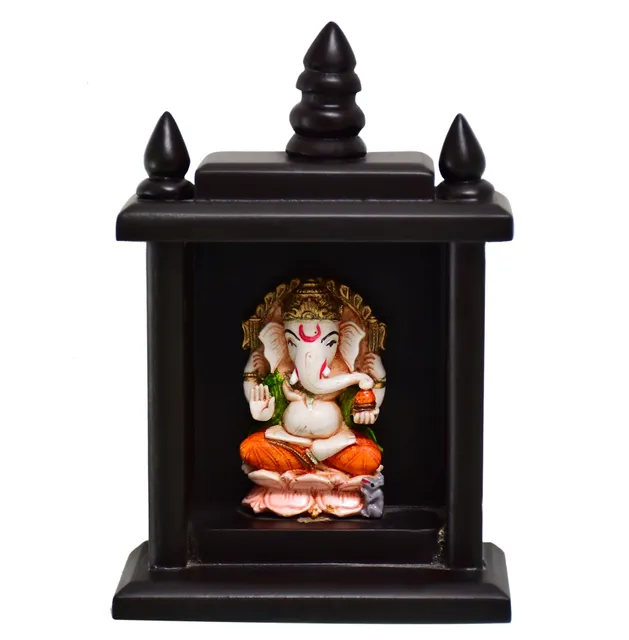 Lord Ganapati (Hindu Religious God) Idol Encased in Small Temple for Table Top, Home Temple, Car Dashboard Statue (10796)
