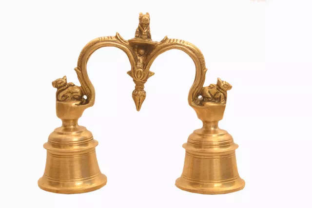Rare Collection Brass Handheld Double Bell Ghanti With 3 Nandi Statuettes For Home Temple (10919)