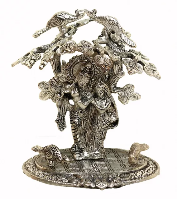Janamashtmi Special Radha Krishna Statue Under Tree in White Metal, Unique D�cor Indian Gift (10927)