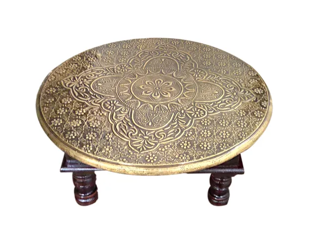 Round Wooden Chowki Low Table Stool With Brass Sheet Cover (25*25*12 cm); Vintage Antique Design Furniture; Housewarming Gift  (10929)