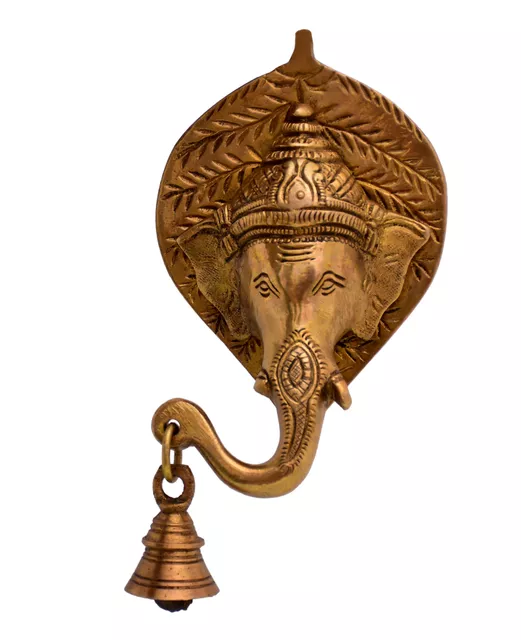 Brass Antique finish Ganesha Head with Bell Wall hanging (10768)