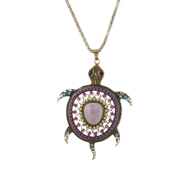 Necklace With Long Chain And Colorfully Embellished Funky Metal Tortoise Pendant (30103)