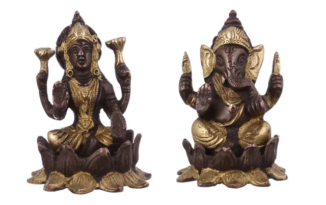 Lakshmi Ganesha On Lotus Flower: Brass Statue Set In Unique Copper-Gold Finish; Rare Collection Idols For Home Temple (10947)