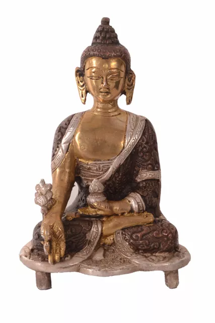 Brass Idol Lord Buddha In Unique Copper Silver Finish: Collectible Statue For Temple, Decor Or Gifting (10963)