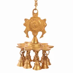 Brass Hanging Diya Deepak Oil Lamp With Bells: For Home Temple, Door, Hallway, Porch Or Balcony; Unique Decor Gift (10983)