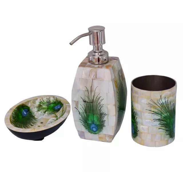 Soap Dispenser Toothbrush Holder Blue Green Peacock Feather Bathroom Accessories 