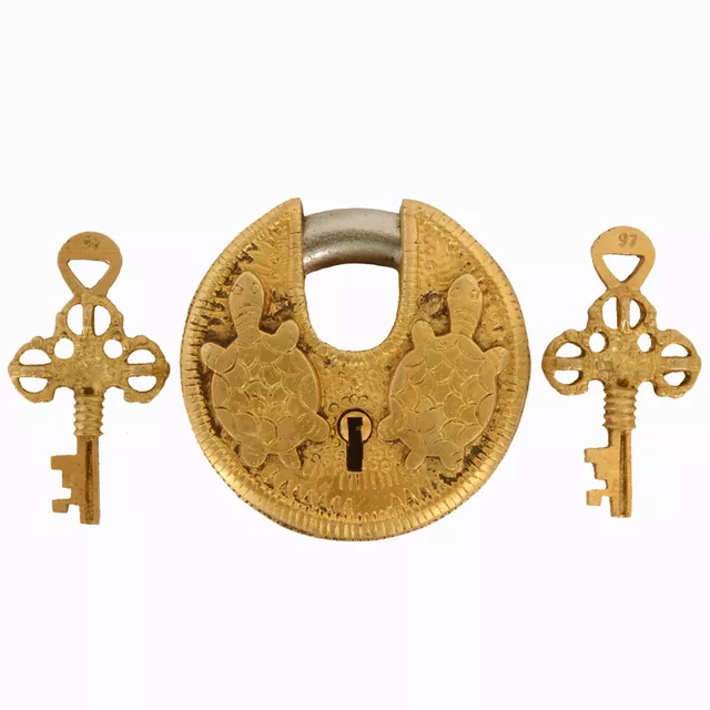 Brass Lock Padlock With Tortoise/Turtle: Round Antique Design; Unique Collectible Combination With Feng Shui Vastu Significance (11045)