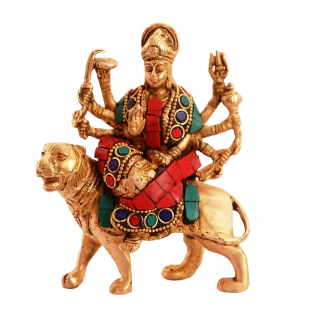 Hindu Religious Goddess Durga Sherawali Ma Statue: Sculpted in Solid Brass Metal with spectacular gemstonework: Hindu Religious Gift (11076)