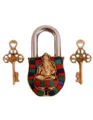 Brass Lock Padlock Ganesha: Antique Design With Colorful Gemstones; Unique Collectible Combination Of Beauty & Security With Religious Significance (11093)