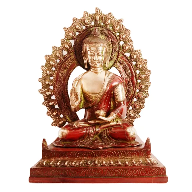 Brass Statue Lord Buddha In Unique Copper Finish: Large Idol In Vitarka Mudra Or Preaching Posture (11096)