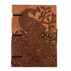 Leather Diary (Journal Notebook) 'Jungle Beauty': Naturally Treated Paper Encased In Embossed Peacock Cover For Corporate Gift Or Personal Memoir (11101)
