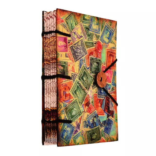 Vintage Diary / Journal / Notebook 'Stamp Collector': Naturally Treated Paper Encased In Digital Print Hard Cover With Unique Button & String Closure For Personal Memoir Or Corporate Gift (11110)
