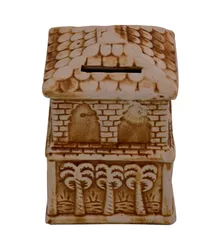 Ceramic Money Bank Coin Box 'Country Cottage': Handmade Gift For Children Kids By Folk Artisans (10753)