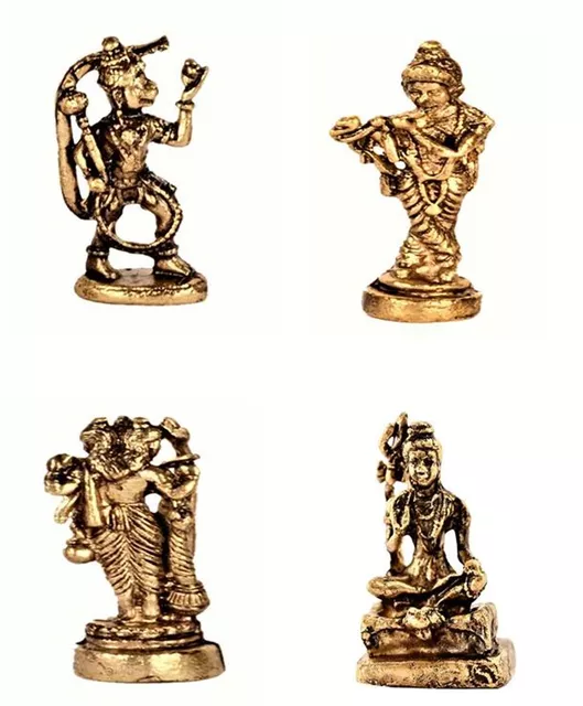 Rare Miniature Statue Set Hindu Gods (Krishna, Hanuman, Shiva, & Dattatreya): Unique Collectible Gift (11181)
