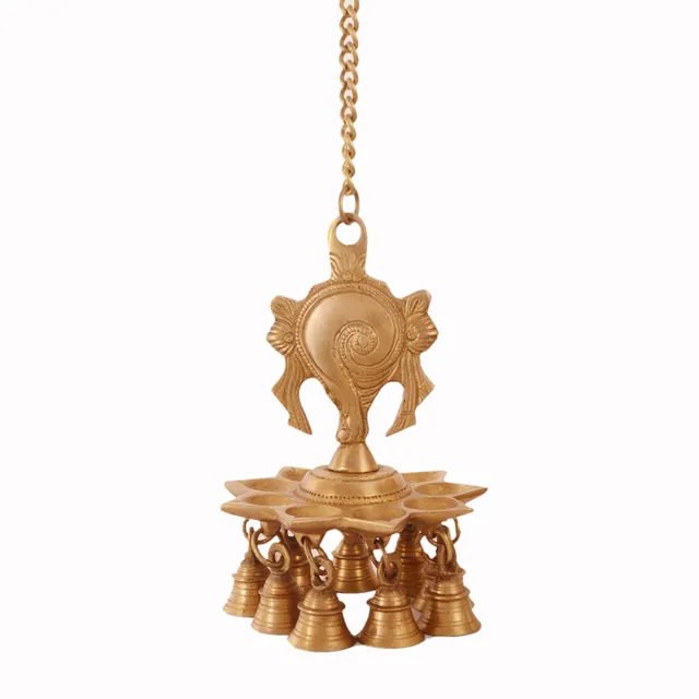 Brass Hanging Diya Nila Vilakku Oil Lamp With Bells: Gada Padma Padmanabha Swami Vishnu Symbol Shankh (11183)