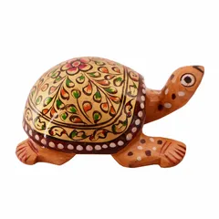 Wooden Tortoise/Turtle With Fine Gold Painting; Miniature Idol Gift Vaastu Feng Shui Good Luck Charm (11253)