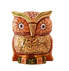 Wooden Owl With Fine Gold Painting; Miniature Idol Gift Vaastu Feng Shui Good Luck Charm (11254)