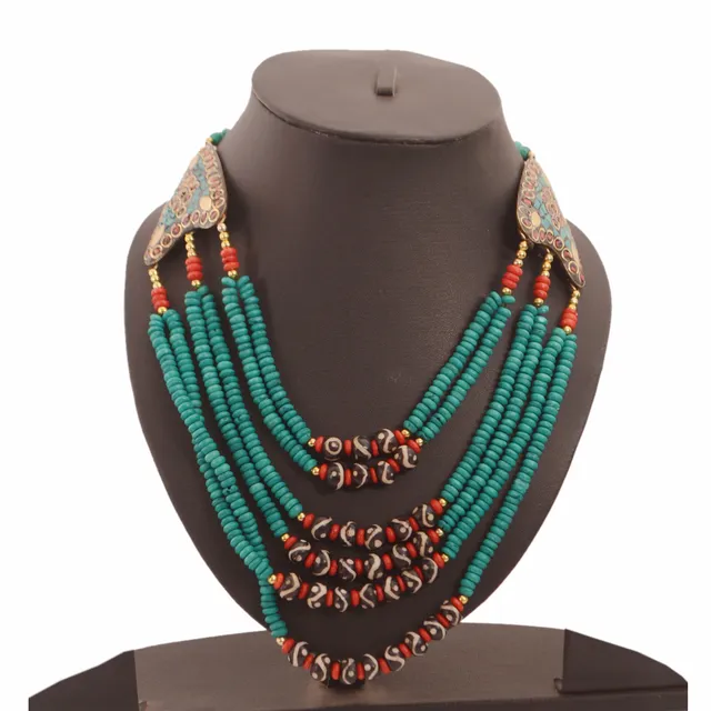 Fashion Necklace 'Serenity': Multistrand Green Rani Haar With Colorful Beads & Brass Locket (30126)