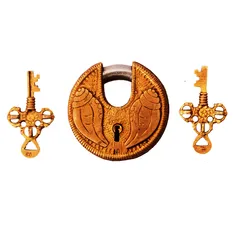 Brass Lock Padlock With Shankh/Conch: Round Antique Design; Unique Collectible (11276)
