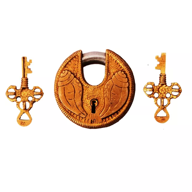 Brass Lock Padlock With Shankh/Conch: Round Antique Design; Unique Collectible (11276)