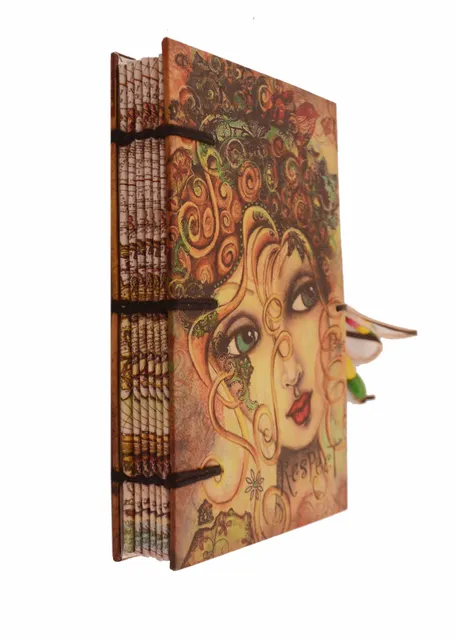 Vintage Journal (Diary Notebook) 'The Enchantress': Handmade Paper Encased In Digital Print Hard Cover With Unique Beaded String Closure; Perfect Gift (11307)