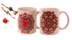 Rakhi Hamper For Bhaiya & Bhabhi : 2 Ceramic mug with Ethnic Indian Designs 2 Designer Rakhis & Roli Chawal (rakhi64c)
