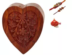 Memorable Rakhi Hamper For Brother : Heart Shaped Wooden Mystery Box With 2 Designer Rakhis & Roli Chawal Pack (rakhi65)
