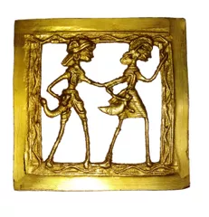 Brass Wall Hanging Plaque 'Life Partners': Dokra Craft Tribal Artform Square Plate Statue, 4 inches (11435)