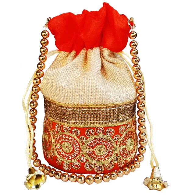 Clutch, Drawstring Purse, Evening Handbag Orange Purpledip Rich Velvet & Jute Potli Bag 11475 For Women With Gold Embroidery Work and Golden Beads String 