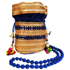 Purpledip Rich Velvet Potli Bag Blue Clutch, Drawstring Purse, Evening Handbag For Women With Heavy Gold Embroidery Work and Colorful Tassels 11482