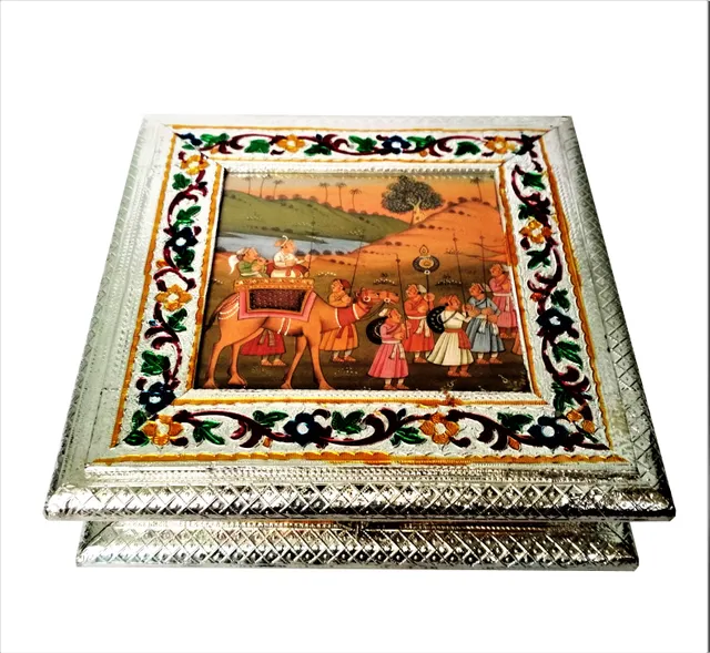 Wooden Meenakari Box with Painting 'Royal Procession': Ideal for 500 gms Nuts, Sweets, Chocolates or Mints (11496)