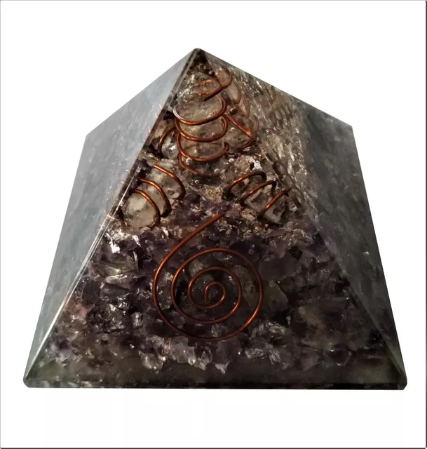 Amethyst Orgone Pyramid with Crystal Quartz Energy Rod: Good Luck Healing Charm, Divine Spiritual Crystal Stone  (11509)