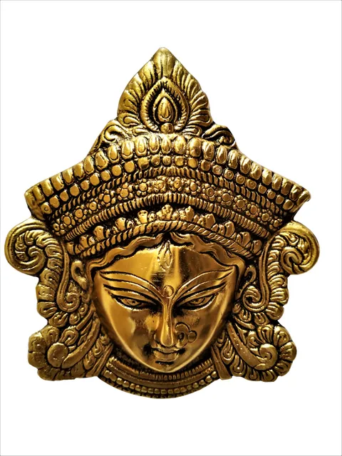 Metal Statue Goddess Durga: Wall Hanging Face Mask in Golden Finish (11539)