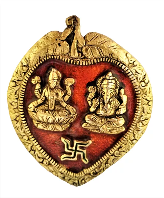 Metal Wall Hanging Ganesha-Lakshmi: Auspicious Hindu Symbols on Betel Leaf (11542)