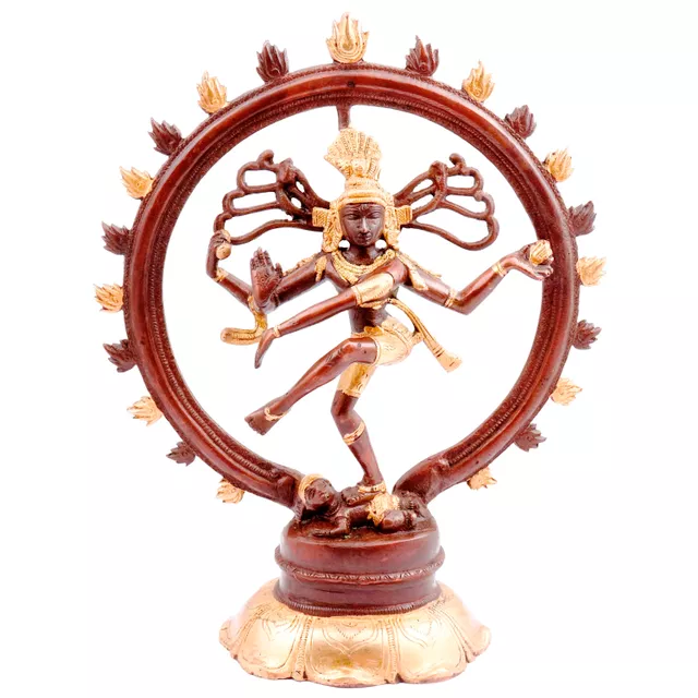 Brass Nataraja Idol: Glorious Dancing Siva Statue in Antique Gold-Copper Design (11448)