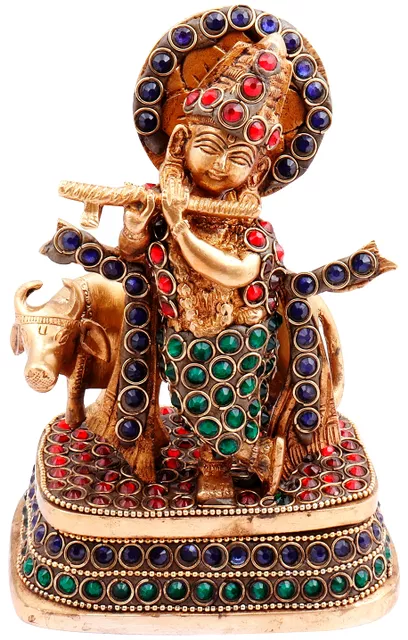 Brass Statue Lord Krishna & Cow: Rare Idol with Glittering Semi-precious Stones | Hindu Religious Gift (11450)