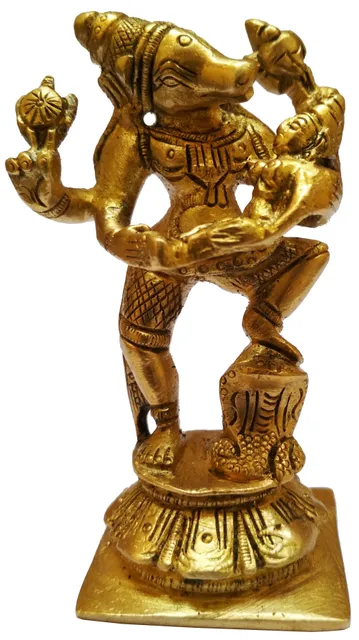 Brass Idol Varaha Lakshmi: Lord Vishnu's Avatar & His Consort, Bhudevi (11573)