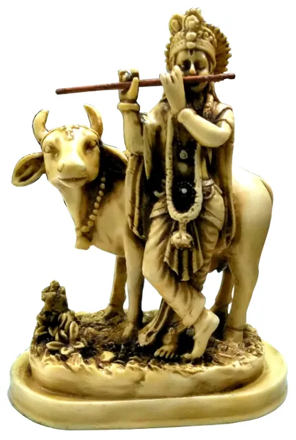 Resin Idol Lord Krishna with Cow: Stone Finish Statue for Home Temple (11645)