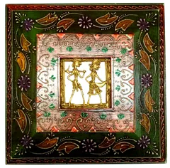 Brass Wall Hanging 'Always Together': Dokra Craft Tribal Art Plaque in Hand-painted Wooden Frame (11656)