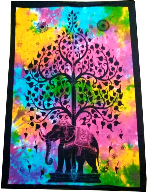 Cotton Wall Poster Beach Throw 'Elephant & Tree-Of-Life': Bohemian Wall Hanging Tapestry (20031)