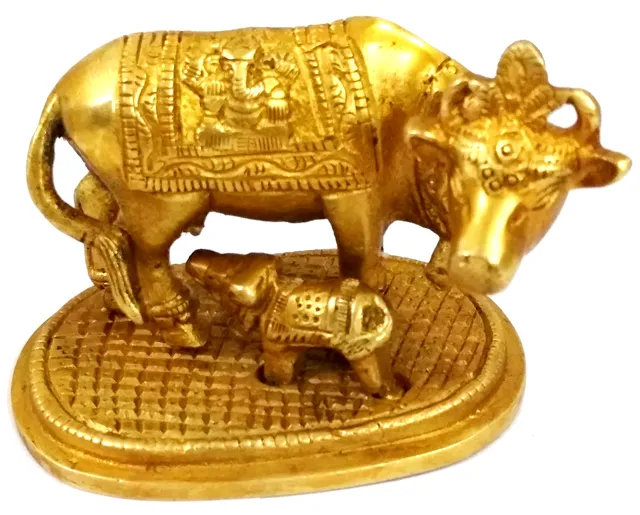 Brass Idol Kamdhenu Cow with Calf : Golden Statue for Home Temple (11784)
