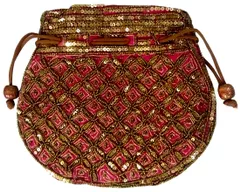 Potli Bag (Clutch, Drawstring Purse): Intricate Gold Thread & Sequin Embroidery Satchel, Pink (11804)�