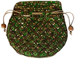 Potli Bag (Clutch, Drawstring Purse): Intricate Gold Thread & Sequin Embroidery Satchel, Green (11805)�