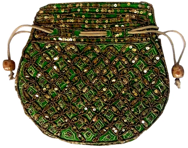 Potli Bag (Clutch, Drawstring Purse): Intricate Gold Thread & Sequin Embroidery Satchel, Green (11805)