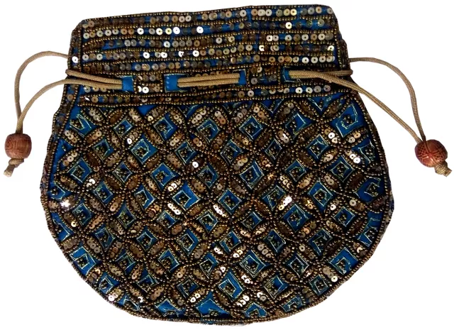 Potli Bag (Clutch, Drawstring Purse): Intricate Gold Thread & Sequin Embroidery Satchel, Firozi Turquoise (11806)�
