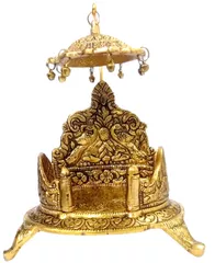 Metal Singhasan (Gold Throne Chowki with Canopy): Platform for Temple Idols (11838)