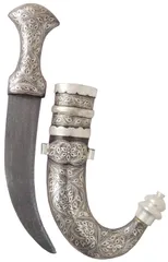 Arabic Jambiya Dagger: Antique Design, Damascus Iron Blade, & Silver Wire Koftgari Sheath, 10 Inches (A20012)