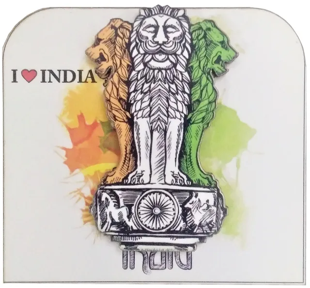Wooden Fridge Magnet: Indian National Emblem, Inspired from Lion Capital of Ashoka at Sarnath (11954)