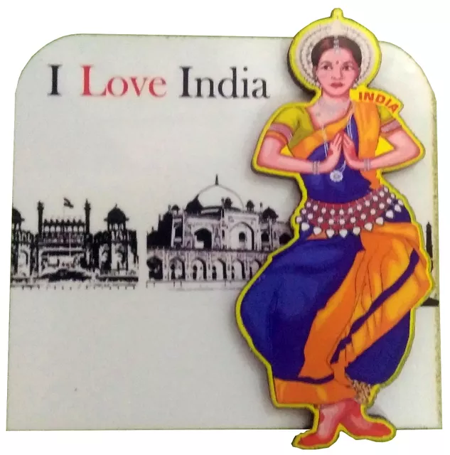 Wooden Fridge Magnet: Bharatnatyam Dancer & Indian Monuments (11959)